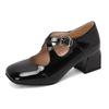 Women Mary Jane Pumps Patent Leather Lolita Shoes Med Heels Chunky Style 2025 Cross Strap Decor Comfort Square Toe Footwear