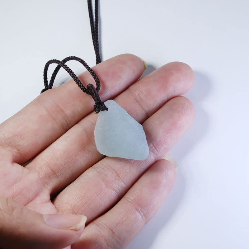 [Sundarwald] White Blue Natural Stone Aquamarine Handmade Necklace Power Stone Black Braided Women's Men's Unprocessed Stone Pendant Adjustable