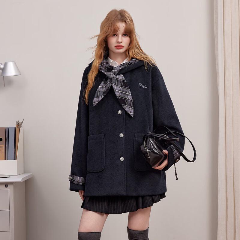 unifree 2025 Autumn College Style Plaid Embroidered Hooded Coat