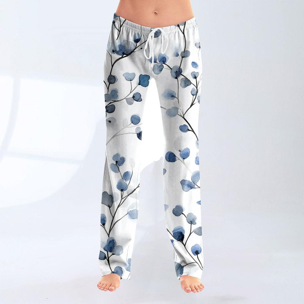 Pantaloni casual largi pentru femei, cu imprimeu cu fundă