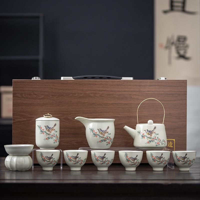 Ru Kung Fu Tea Set Household Ceramic Teapot Teacup Opening Film Can Raise Beam Pot Cover Bowl Gift Box