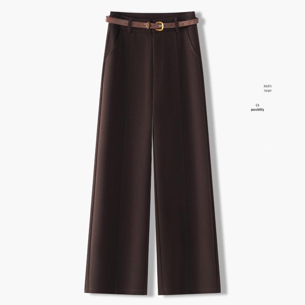 Premium Coffee Wool Wide-Leg Women's Pants - New 2025 Autumn/Winter High-Waisted Slimming Loose Fit, Plus Velvet Thick Straight-Leg.