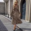 New leopard print long-sleeved dress temperament commuting high waist collar women's long dress