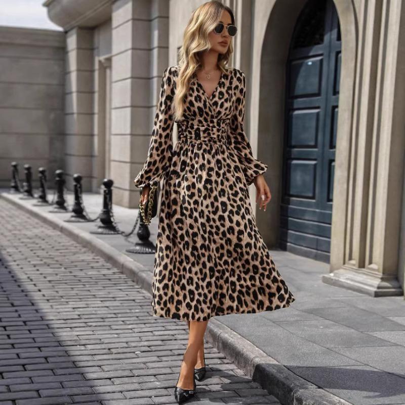 New leopard print long-sleeved dress temperament commuting high waist collar women's long dress