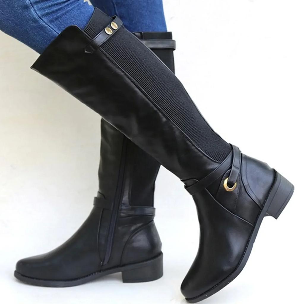 Damenstiefel aus Leder mit klobigem Absatz, lange Stiefeletten, kniehohe Stiefel für Damen, Winterschuhe, Schlabberstiefel für Damen, breite Wade