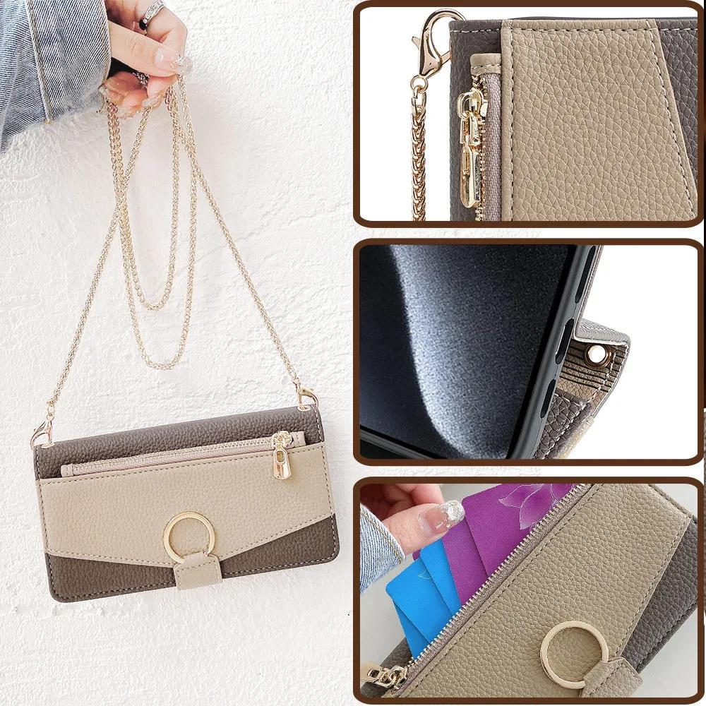 Leather Ring Holder Phone Case for Samsung S25 Ultra S24 FE S23 S22 Plus A16 A26 A56 Crossbody Wallet Flip Mirror Cover Lanyard