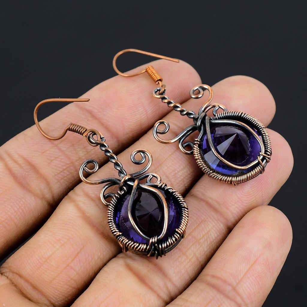 Iolite Earrings, 999 Copper Wire Wrapped Earrings Handmade Gemstone Jewelry, Gifts For Wife Brand New Earrings