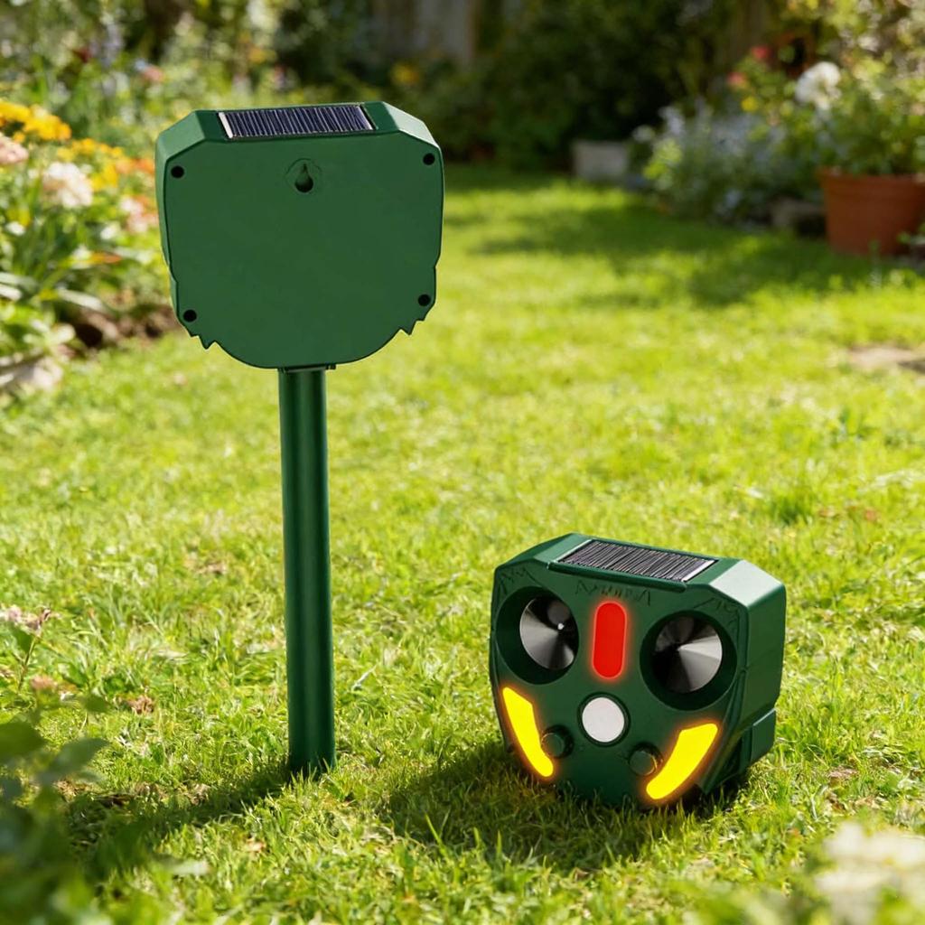 Solar Ultrasonic Animal Repeller with Infrared, Strobe Light & Waterproof Design for Rodents, Cats, and Dogs