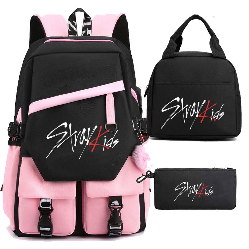Stray Kids Ensemble Périphérique avec Sac à Dos Sac à Déjeuner Trousse à Crayons Ensemble Trois Pièces Sac d'Étudiant One size fits all rose