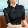 Mesh Short-sleeved T-shirt for Women's New Temperament, Versatile Slim Design, Stand-up Collar Button, Chinese Style Mid-sleeved Top