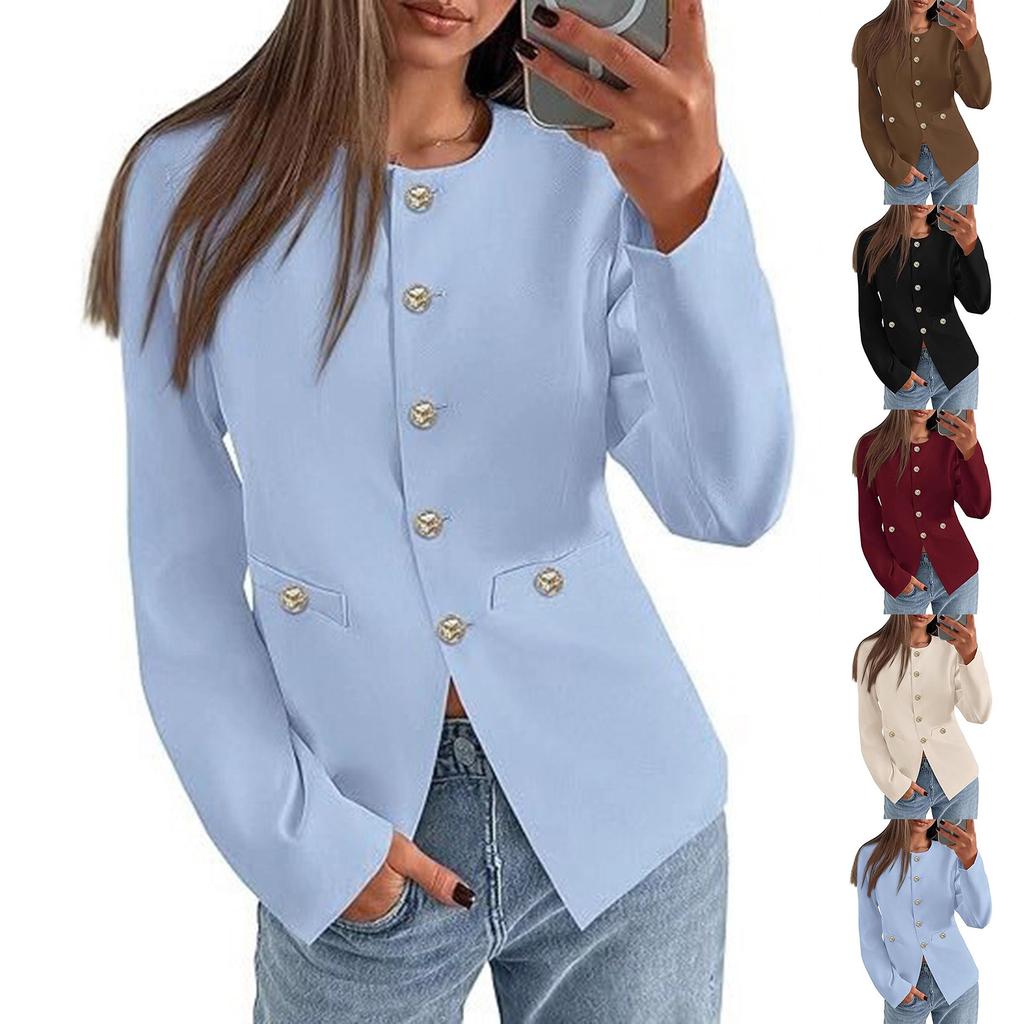 Women's Slim-Fit Round Neck Long Sleeve Button Pocket Lined Cardigan Top Jacket