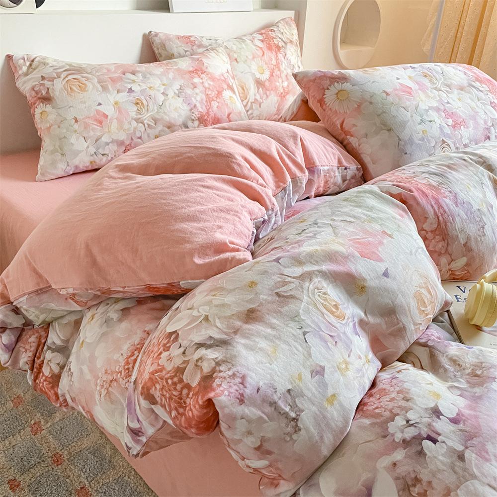 Pure Cotton Class A Maternal And Infant Grade Double-Layer Yarn Four-Piece Set, Summer Breathable Small Floral Dormitory Can Be Washed Without Pilling