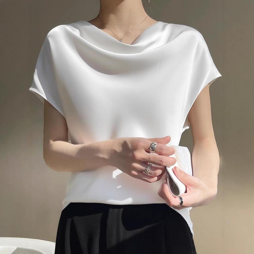 Women's High-End Short Sleeve Cowl Neck Satin Blouse