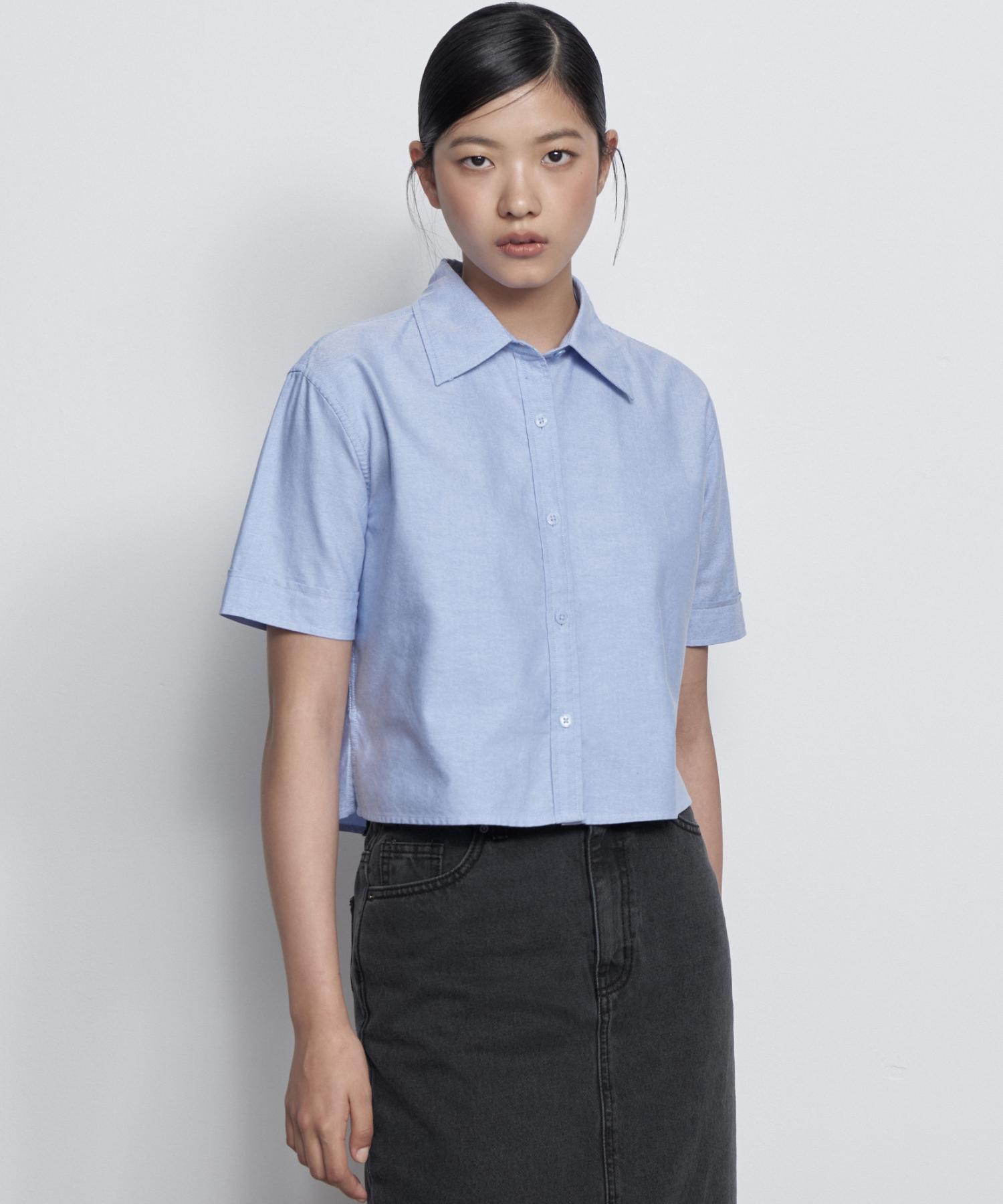 Musinsa Standard Woman Women S Oxford Crop Short Sleeve Shirt [Blue] Blue/M