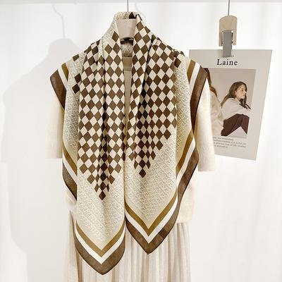 Korean Women's High-end Personalized Geometric Square Prints Herringbone Square Scarf Design Niche Color Block Scarf