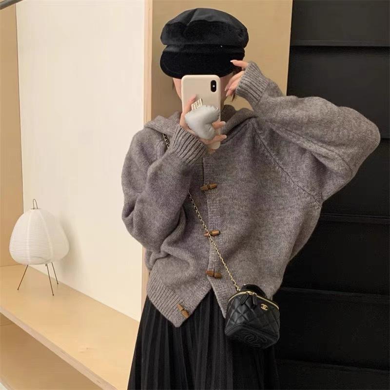 Autumn and winter new retro hooded horn buckle knitted cardigan women's soft waxy solid color loose age-reducing sweater jacket