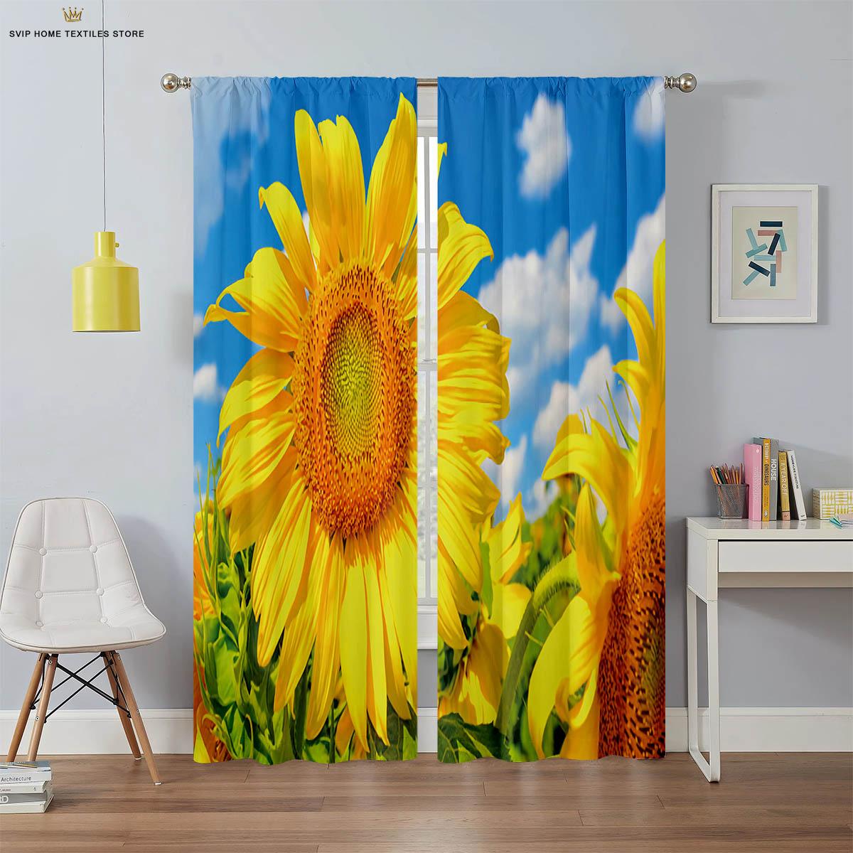 

Floral and Sunflower Printed Curtains, Black Silk, Blackout Curtains, Suitable for Bedroom, Living Room, Study, 2 Pieces W100xH130(CM) folio&Rod pocket