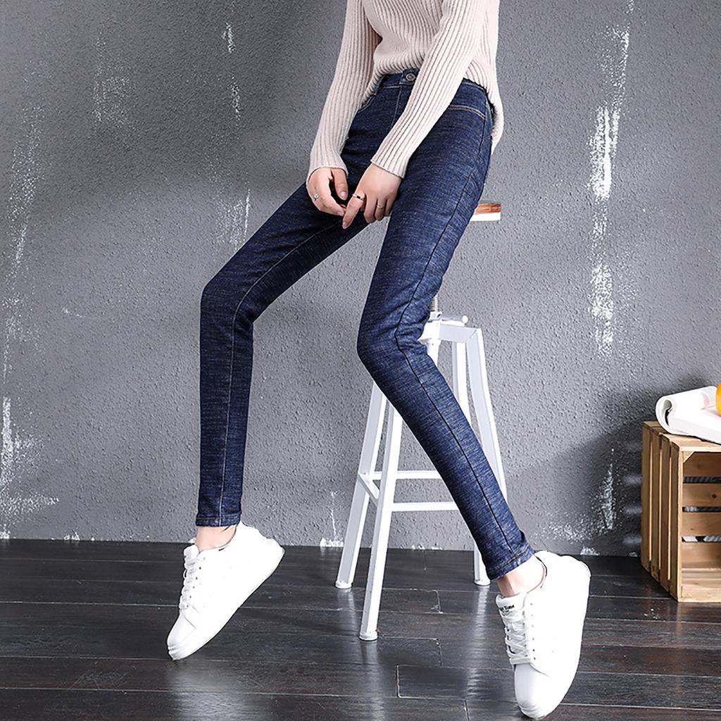 Women Fashion Soild Plush Jeans High Waist Thickened Tight Fitting Sweatpants Warm Casual Pants