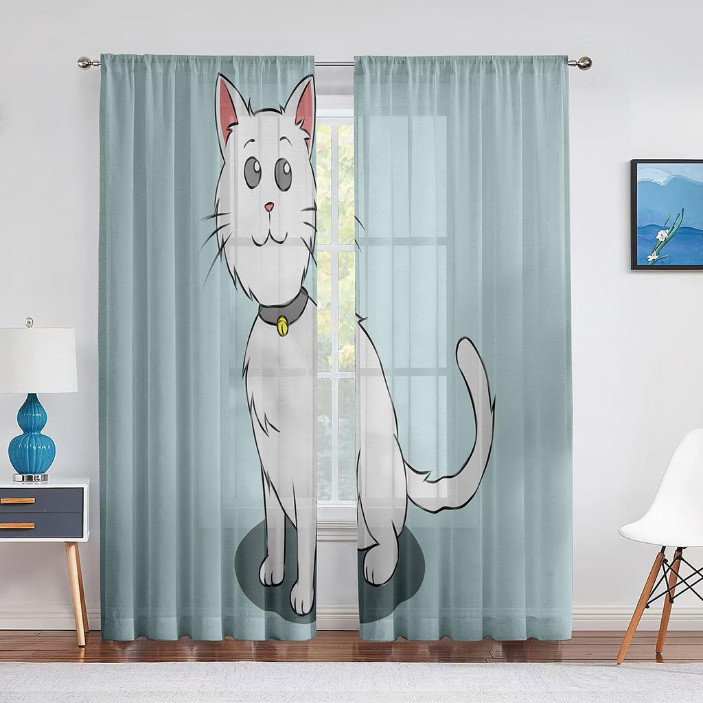 Cartoon Cat Reading Book Pink Sheer Voile Curtain Kawai Animal Window Tulle Curtains for Living Room Kids Bedroom Kitchen Decor