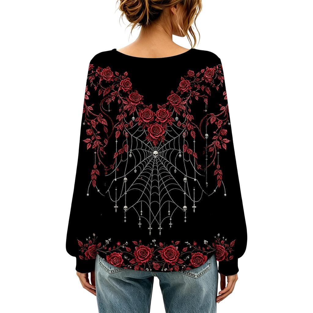 Women's Round Neck Long Sleeve Halloween Print Blouse Top for Party Wear