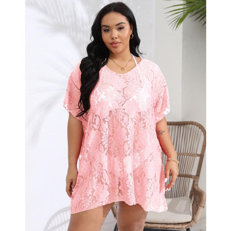 Robe de plage en dentelle pour femmes, grande taille, Sexy, ajouré, transparente, col en v, fendue, Cover-Up pour les maillots de bain