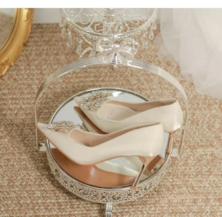 Champagne Colored High Heels Wedding Shoes for Women 2025 New French Cloth Surface Rhinestone Pointed Toe, Slim Heel Shoes Women