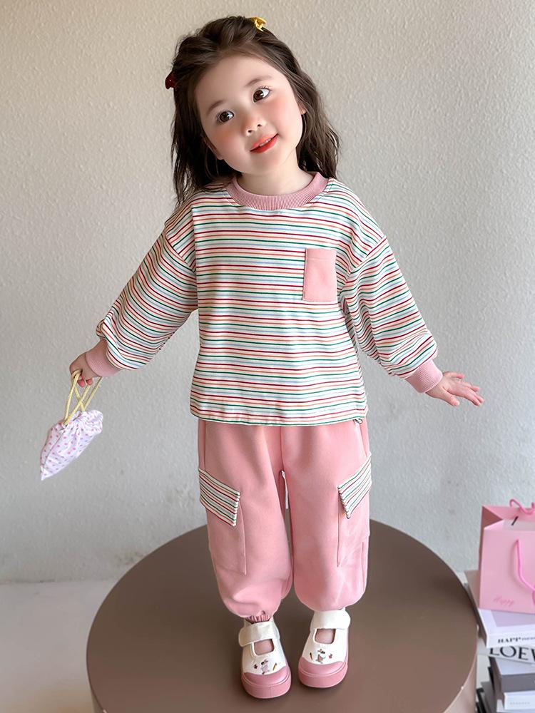 2025 Girls' Stylish Striped Long-Sleeve Sweatshirt & Pant Set - Spring/Autumn Fashion