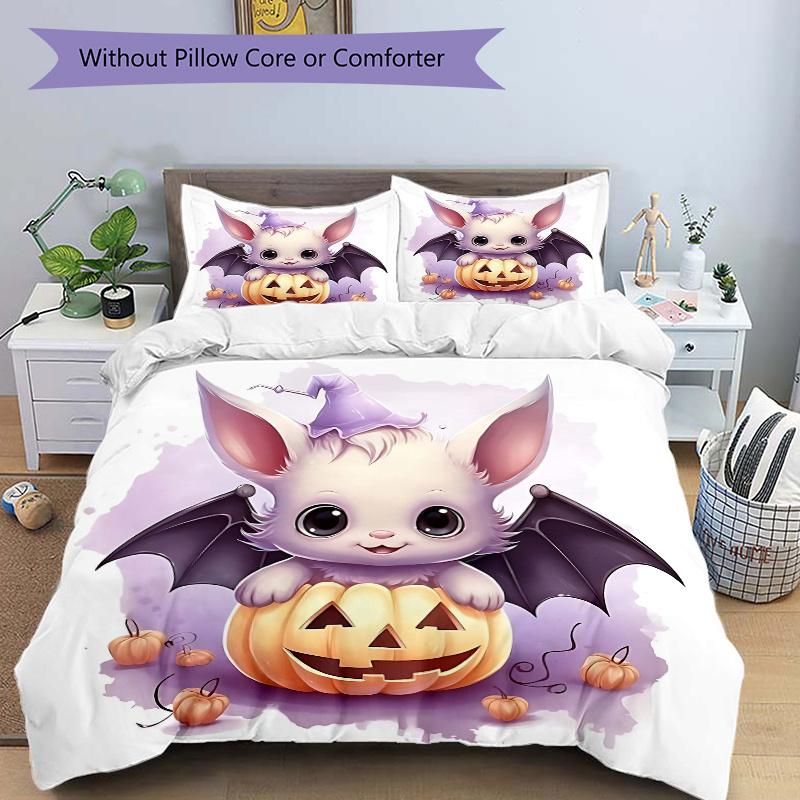 

3pcs Wizard Bat & Pumpkin Cute Design Bedding Set - 1 Soft Quilt Cover + 2 Pillowcases, Machine Washable - Suitable for All Seasons L117 135x200cm