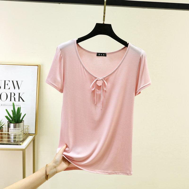 Korean Style Drawstring Modal Short Sleeve Tshirt Cute Slim Fit O Neck T-Shirt Lightweight & Soft Casual Tee Tops for Women Trendy Summer Basic Shirt
