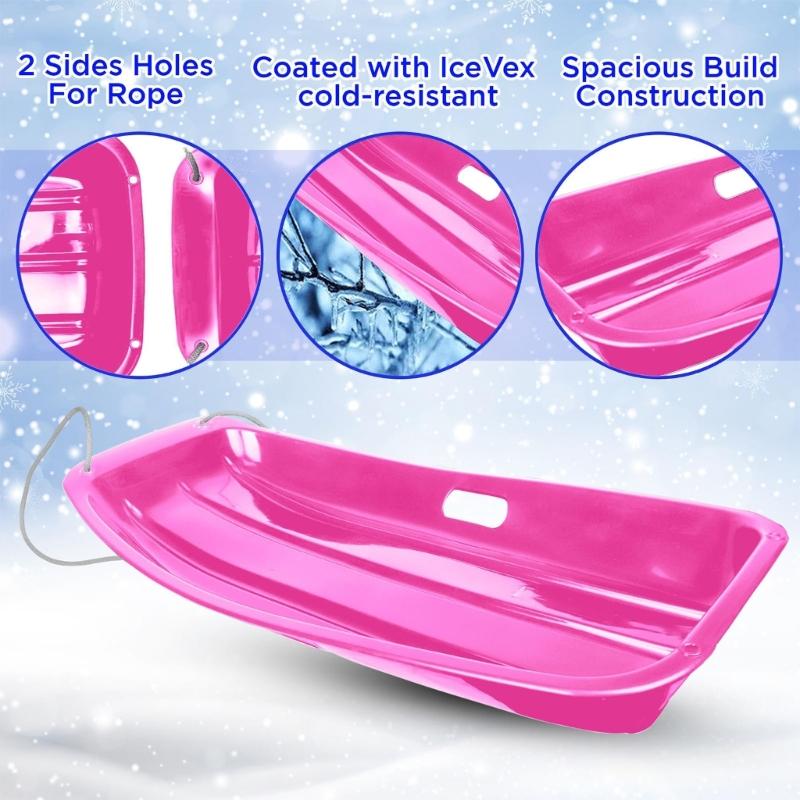 2Pcs Light Weight Portable Snow Sled with Pull Rope and Handles Plastic Cold Resistant Toboggan for Snow, Beach, Park