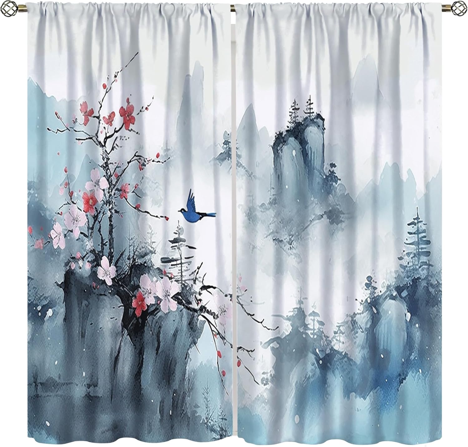 

Chinese Landscape Curtain Japanese Asian Landscape Painting Oriental Ink Plum Blossom Watercolor Mountain Birds Tree Abstract W 100*130 HOOK 1pcs