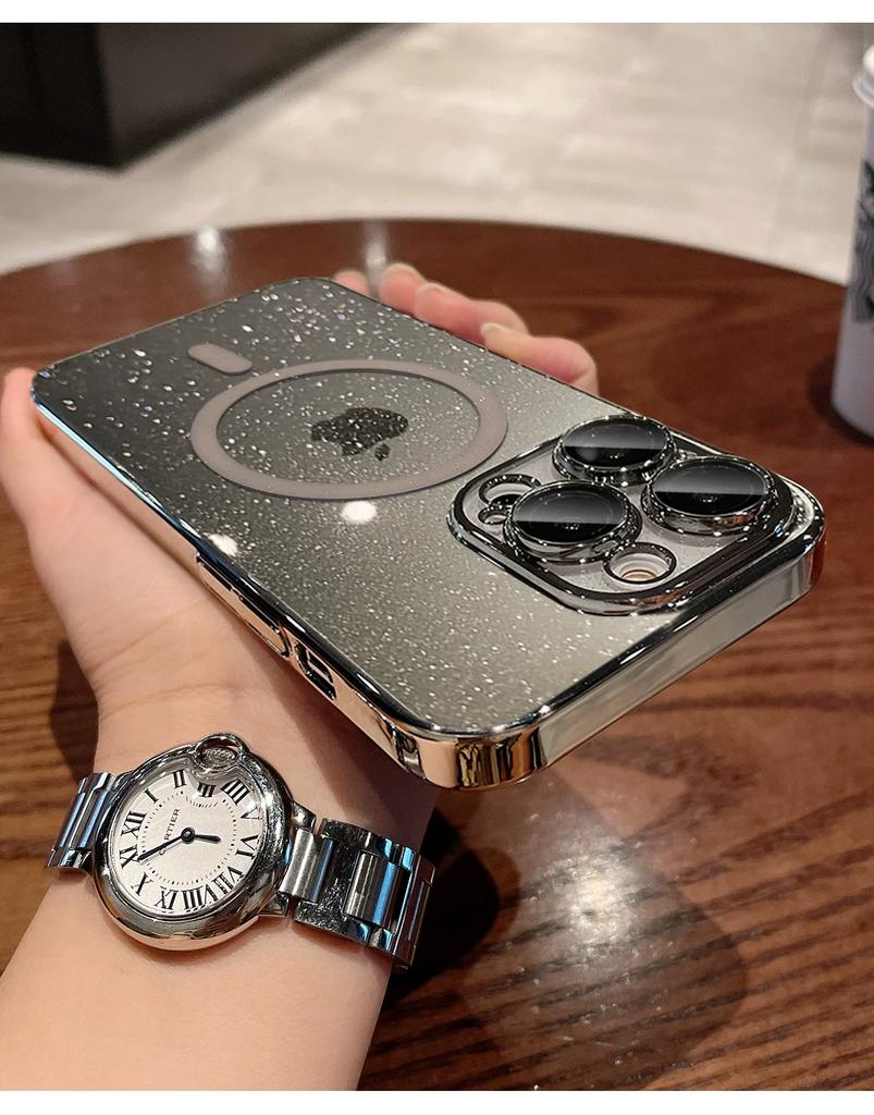 Luksusowe Przezroczyste Etui z Brokatem i Płytką do Ładowania Bezprzewodowego Magsafe Magnetyczne Etui dla iPhone 16 15 14 Plus 13 12 Pro Max 11 Twarda Cienka Pokrywka