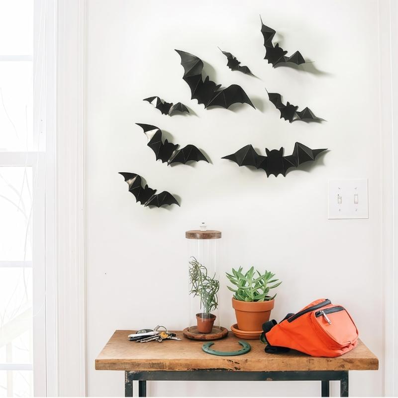 12 Piece Adhesive Halloween Bat Wall Decal With Night Glowing Effect 3D Design Sticker For Home And Party Decoration