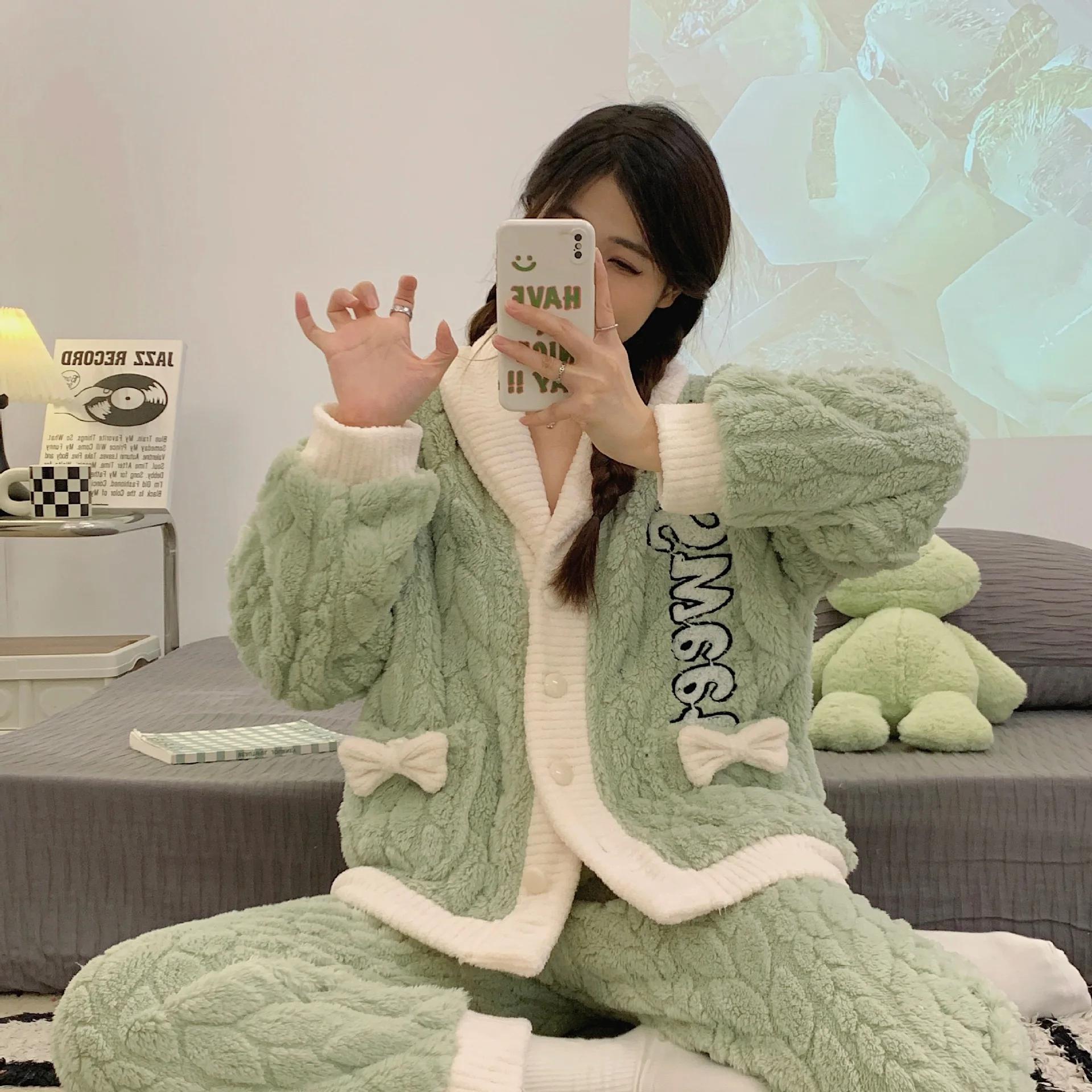 

Зимний женский пижамный комплект из 2 предметов, флис, теплый, с длинным рукавом, с брюками, отложным воротником, плотный пижамный костюм для женщин 2XL зелёный