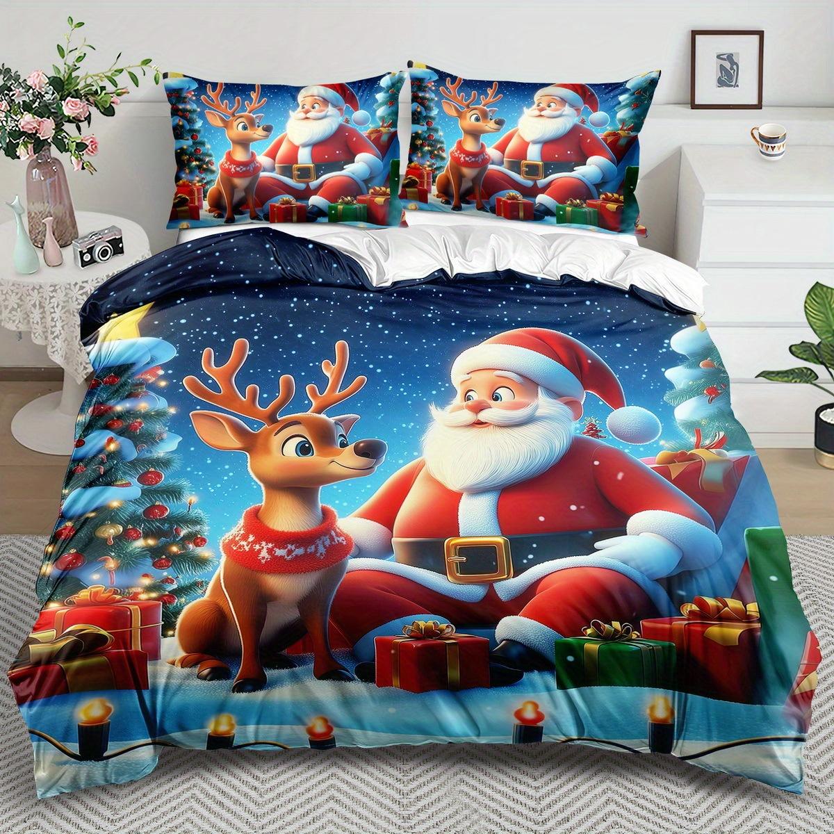 

2/3pcs Blue Santa Claus Bedding Set Christmas Reindeer Duvet Cover Set Christmas Tree Comforter Cover Bedroom Decor Guest Room Duvet Cover Set&EU Single(135x200cm)