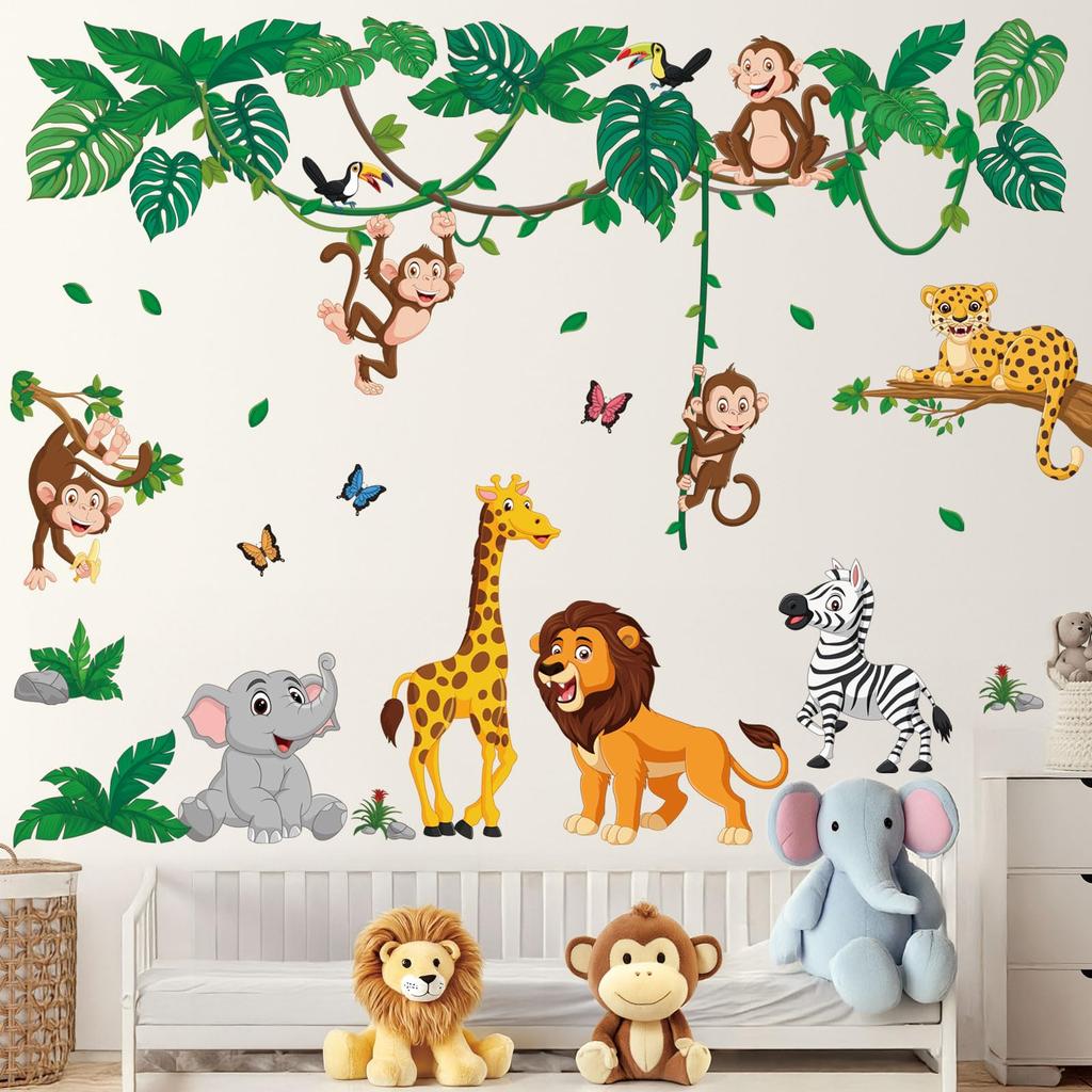 DECOWALL Jungle Animal Cartoon Wall Stickers for Kids Wall Transfer Wall Art Stickers for Bathroom Room Living Nordic Style DS12-8069 Kindergarten,