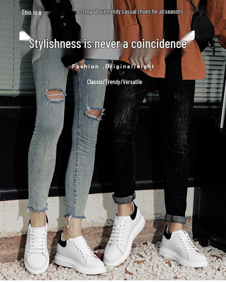 Men's Low Heel White Cowhide Platform Sneakers - Invisible Height Boost, Casual Youth Style, for Couples