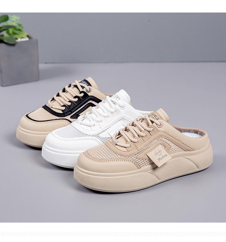 Women's 2025 Summer Breathable Mesh Slip-On Half-Slippers – Lightweight, Thick-Soled, Closed-Toe White Shoes.