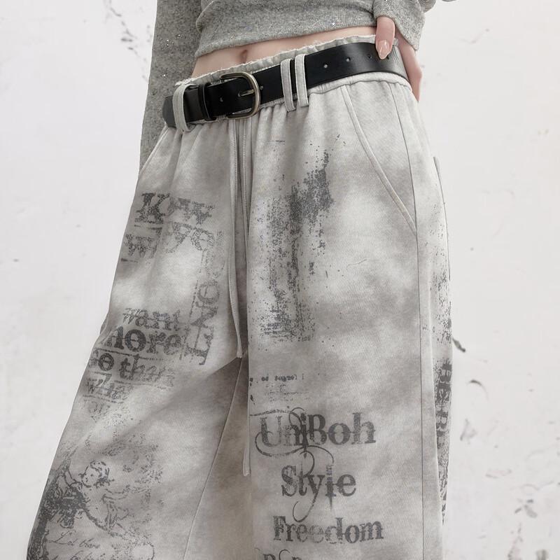 UNIFREE Letter Print Tie-Dye Distressed Loose Straight-Leg Pants