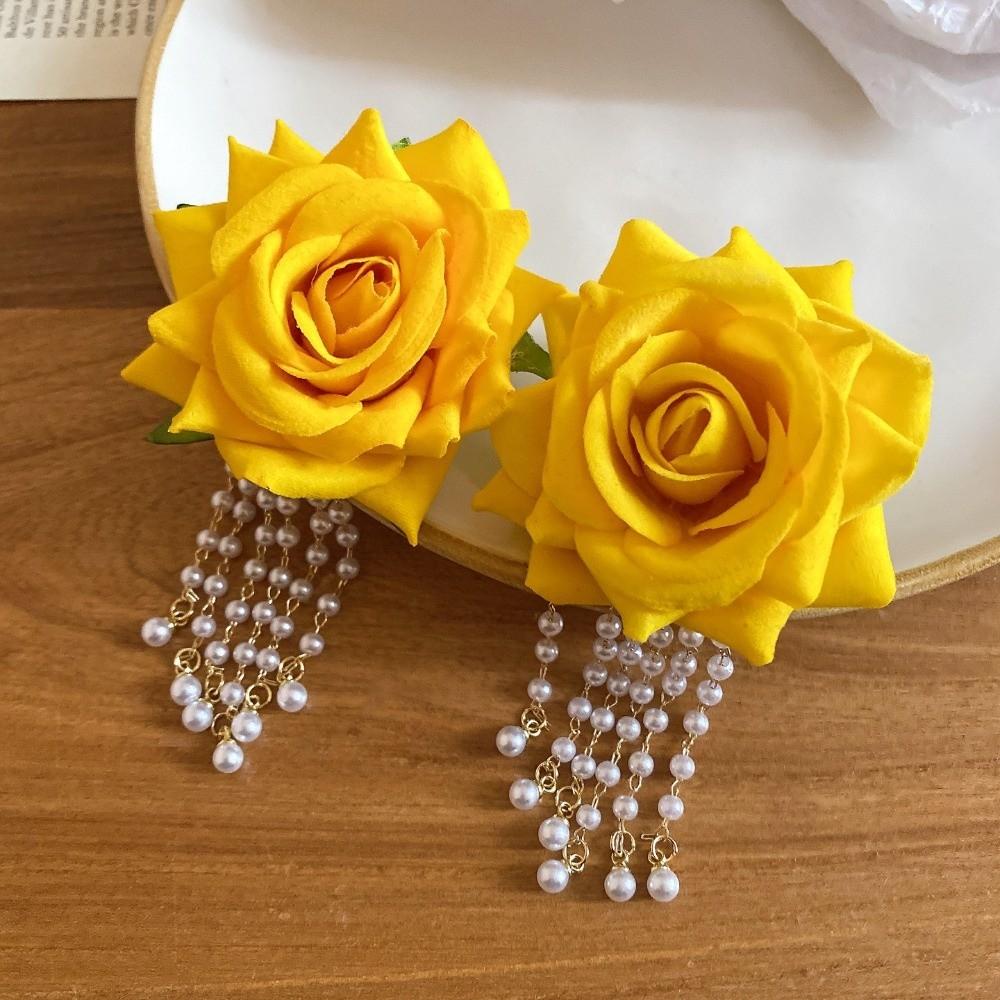 1 Pair with Beads Tassel Yellow Rose Earrings Temperament Chinese Rose Earrings Birthday