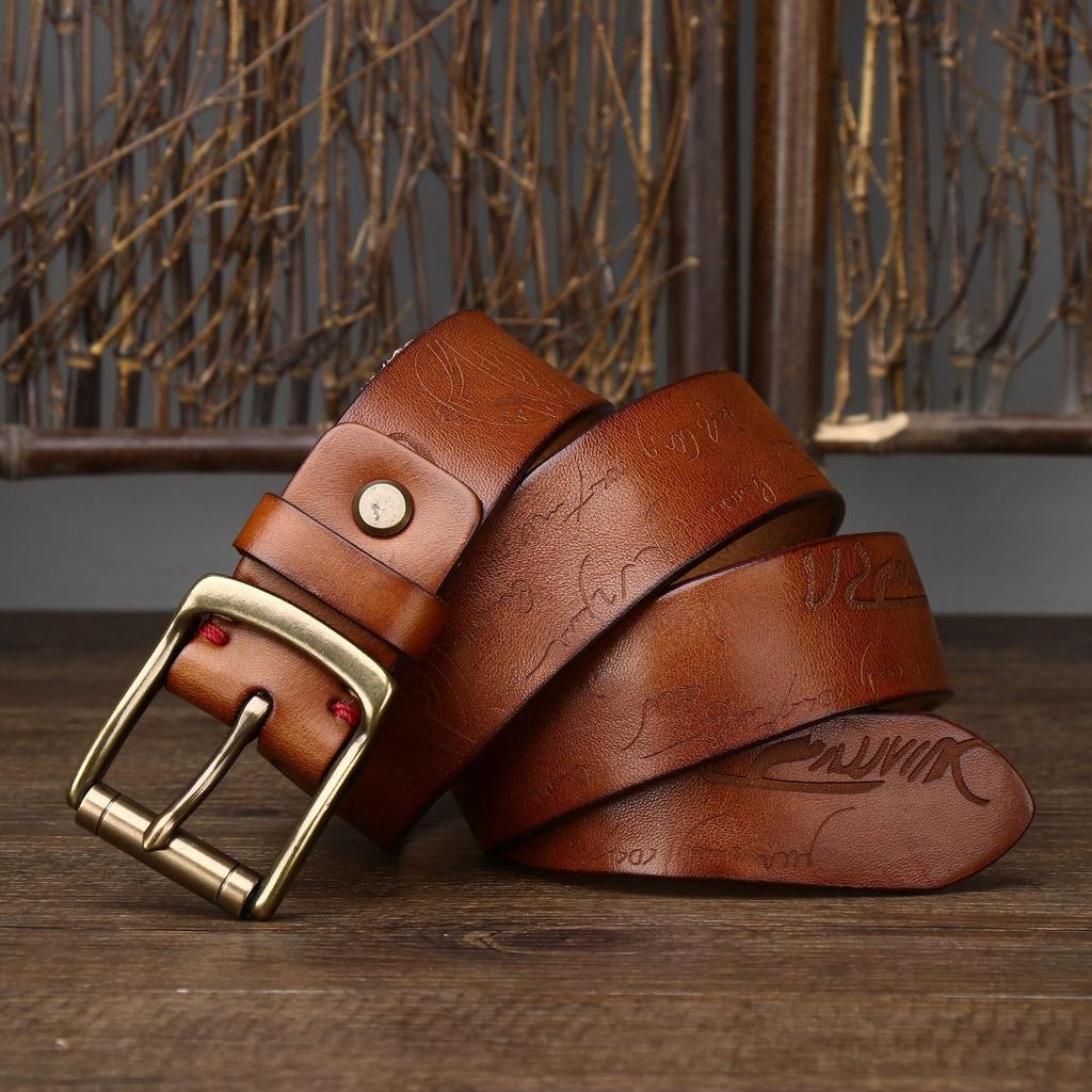 Belt Men's Retro Distressed Laser Carved Italian Vegetable Tanned Leather First Layer Pure Cattlehide Brass Buckle Belt