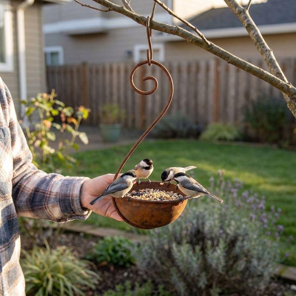 Large Capacity Hanging Bird Bath Feeder Rusty Metal Bird Water Drinker Animals Drinking Cup Garden