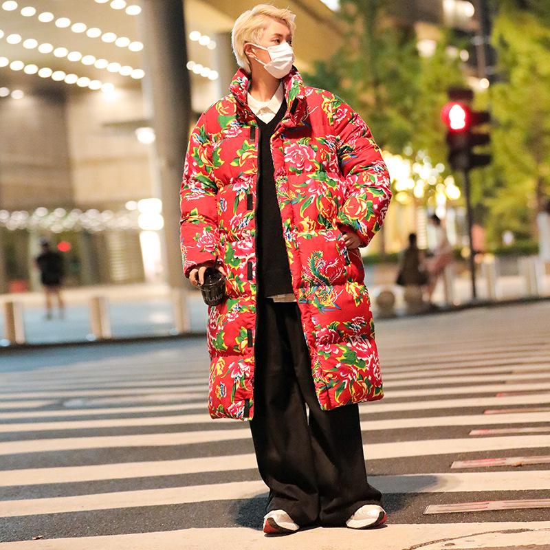 

A3 Cotton Padded Hanfu Jacket: Unisex Long Loose Fit, Warm Flower Design, Trendy Cold Protection 5XL червоний