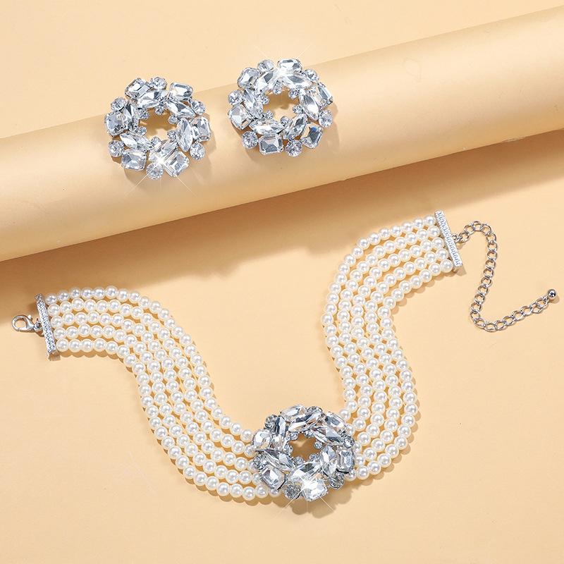 Multi-layer Imitation Pearl Neck Chain Stud Earrings Set, Colorful Bridal Crystal Jewelry Full of Diamond Heart Necklace Women