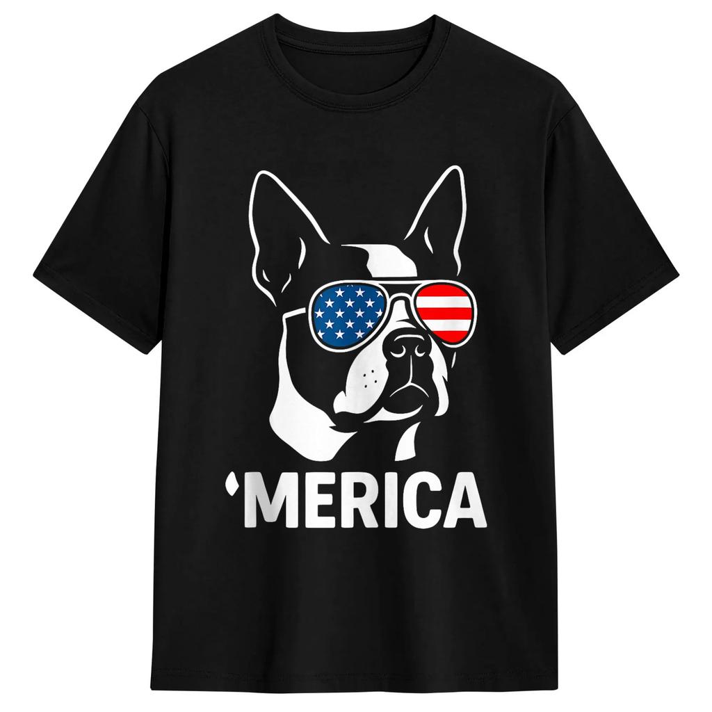 Boston Terrier 4th Of July Patriotic Dog Tshirt Trending T Shirts Shortsleeved Streetwear Tshirt 100 Cotton Oversize Tees