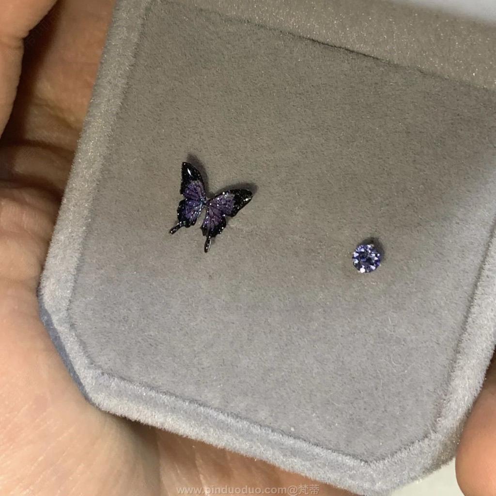 Fairy Purple and Blue Butterfly Rhinestone Asymmetrical Stud Earrings Dark Goth Insect Earrings Women Fashion Jewelry