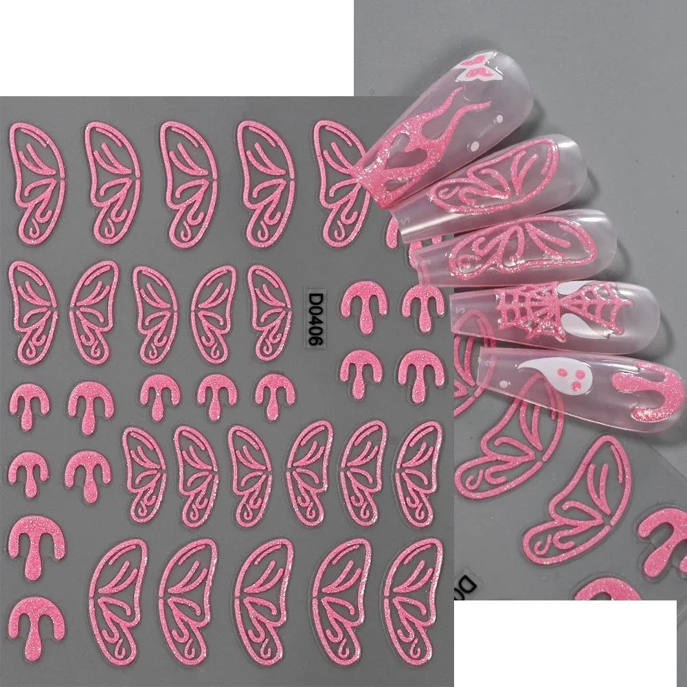 Pink Glitter Powder Skull Halloween 3D Nail Sticker 10X8cm Ghost Bat Spider Web Style Nail Decals DIY Winter Manicure Decoration