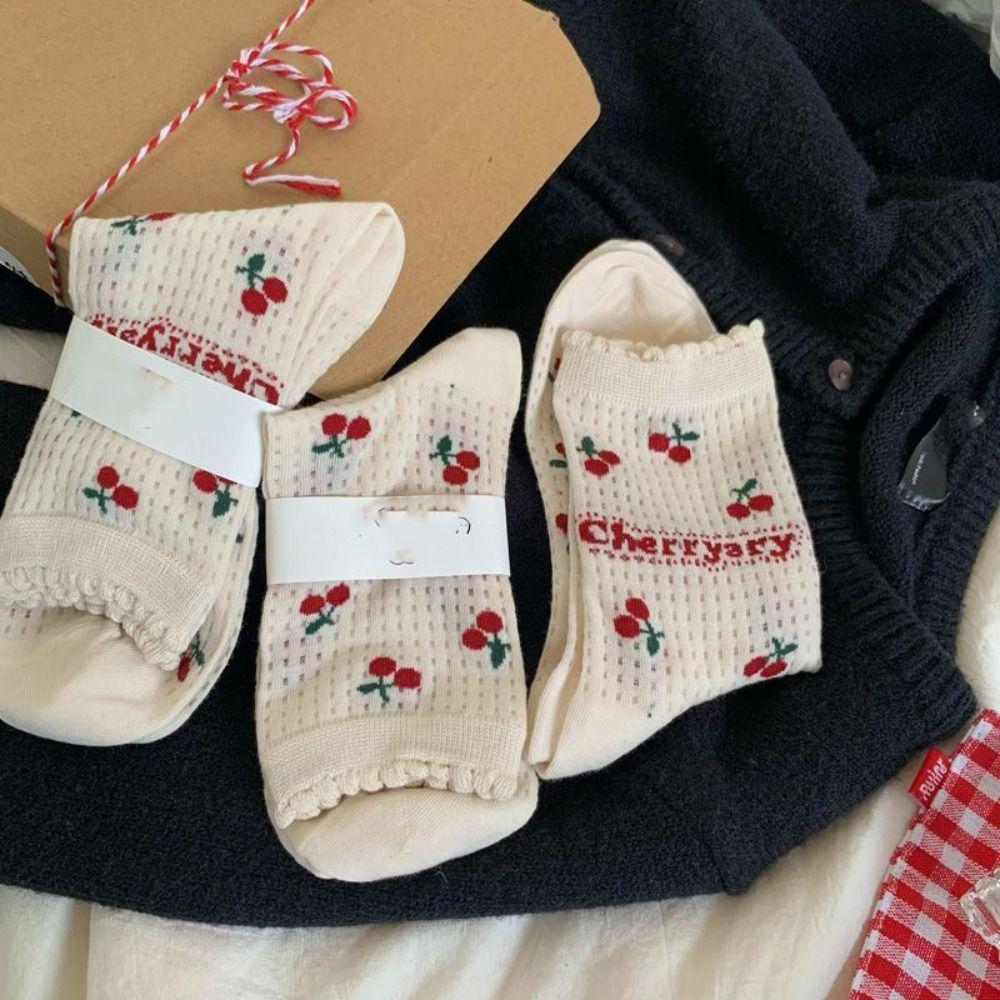 Hollow Out Cherry Short Socks Ruffle Summer Tube Socks Fashion Mesh Ankle Socks  Streetwear