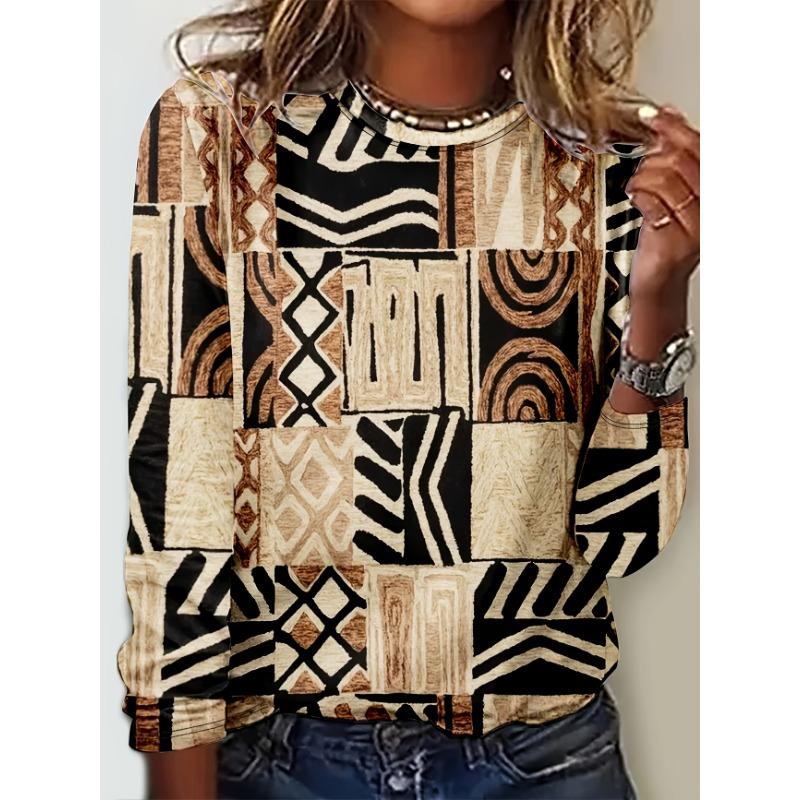 Plus size women's geometric color matching loose long-sleeved crew neck top - Casual, comfortable
