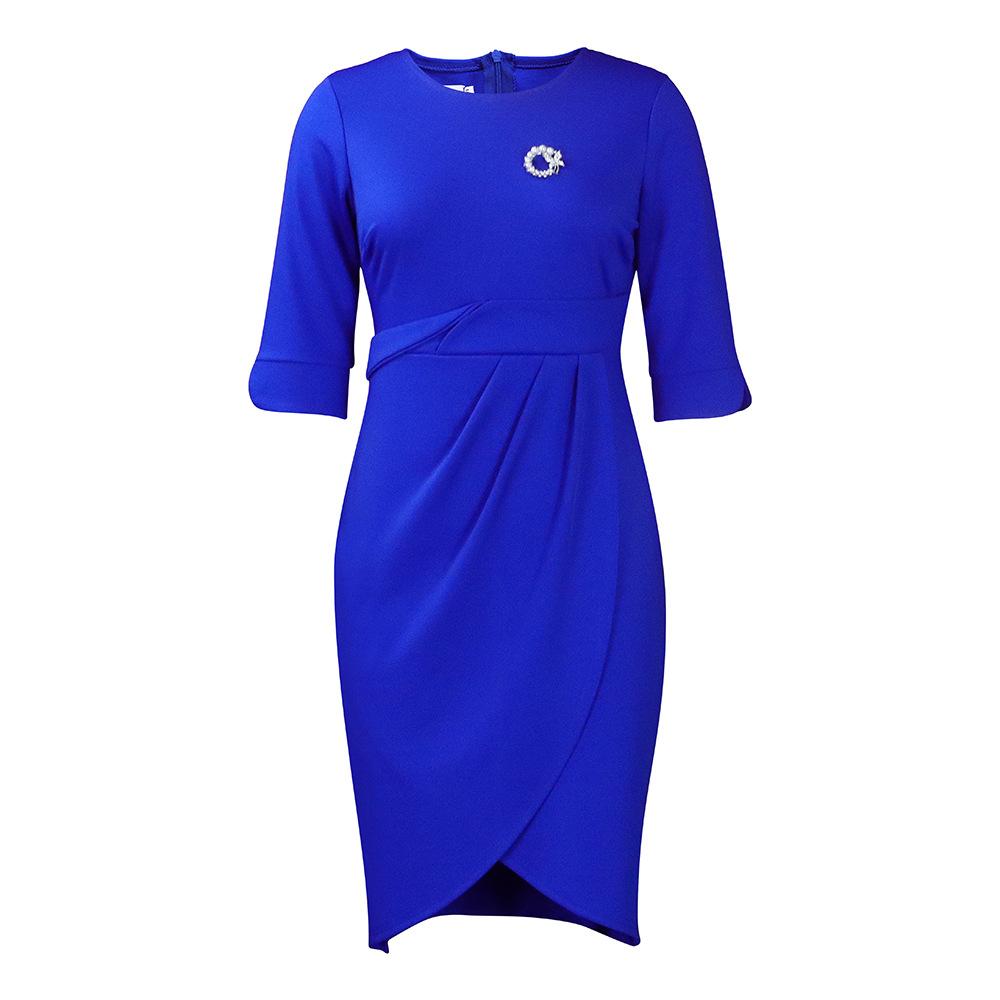 

Женское модное однотонное плиссированное платье большого размера, элегантное цельное платье со средними рукавами и круглым воротником с брошью S сапфир синий